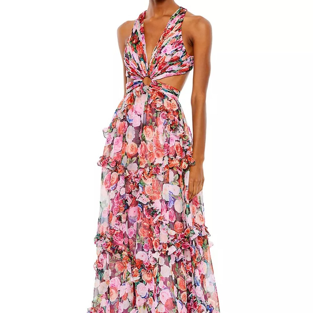 Mac Duggal Pink Floral Maxi Dress with Cutout Ring Detail